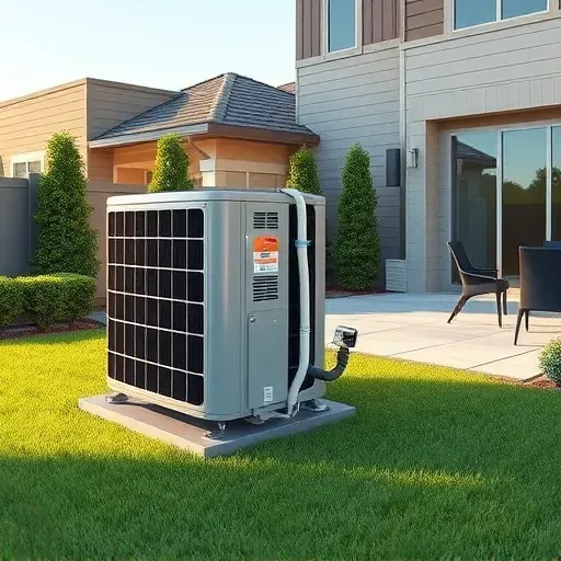 Perfectly installed modern outdoor air conditioning unit in a clean backyard with lush grass and neutral-colored home in Lake Worth TX