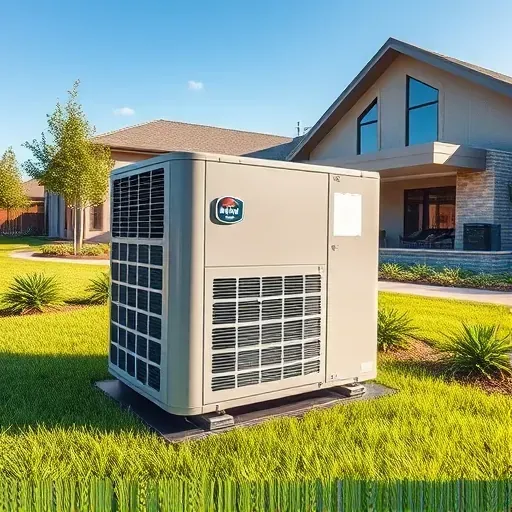 Maintained outdoor air conditioning unit on modern Hickory Creek home with lush landscaping and clear sky