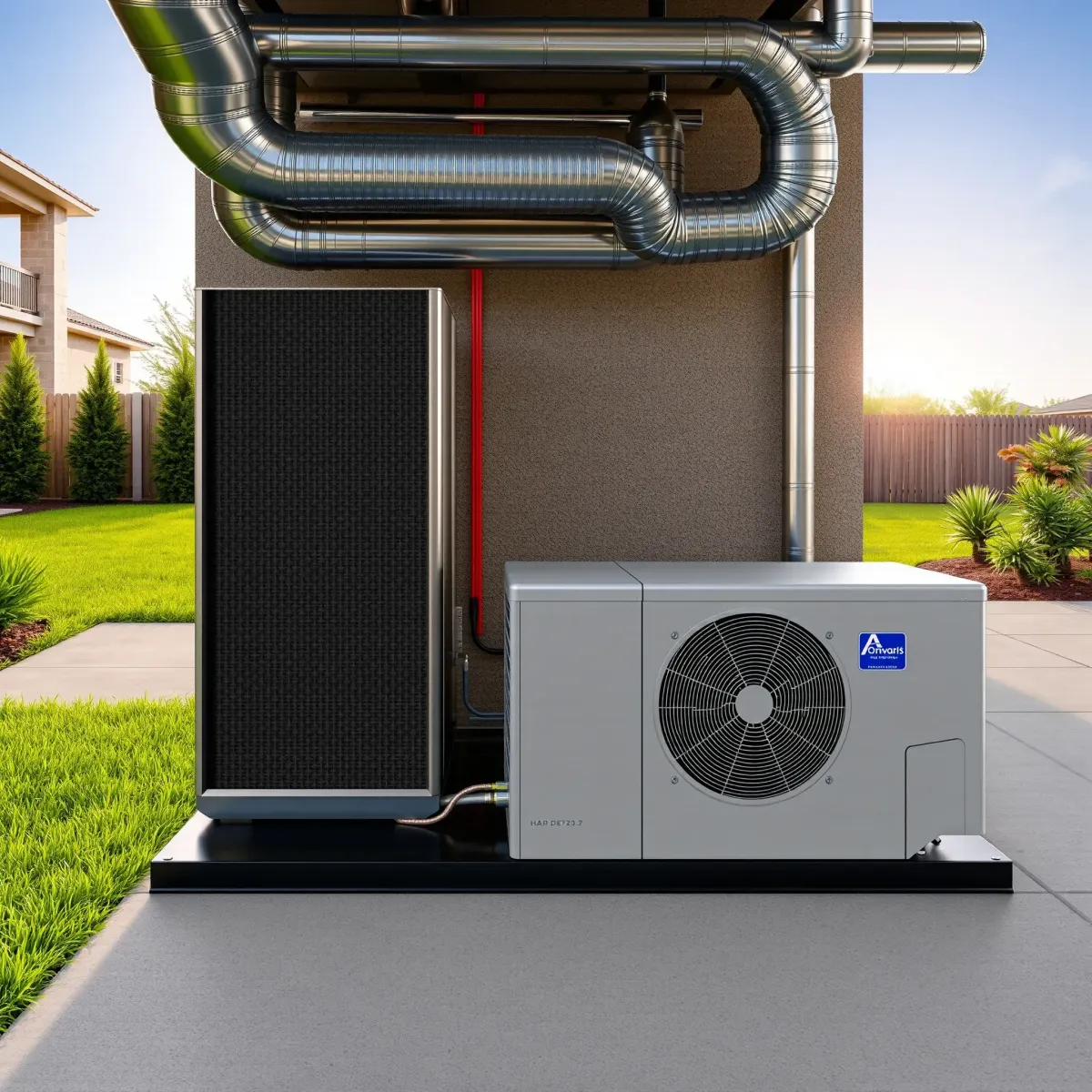 Outdoor modern HVAC system installed in Haltom City, TX, showcasing sleek metal design, detailed components, and landscaped surroundings.