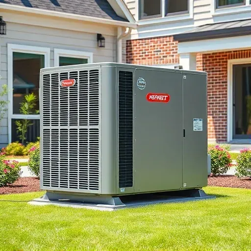 Modern HVAC system with sleek metallic surfaces installed outdoors in River Oaks, TX, with landscaped yard and suburban home.