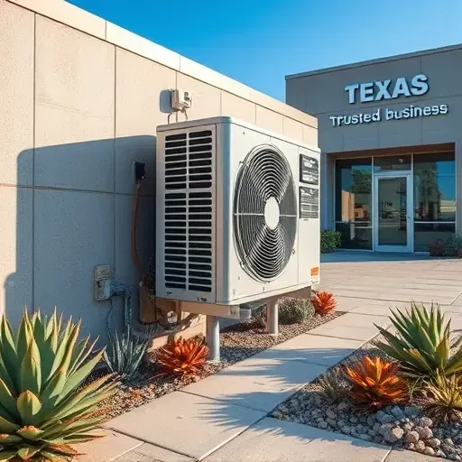 State-of-the-art air conditioning unit on commercial building in Fort Worth TX, surrounded by vibrant landscaping and glass facade.