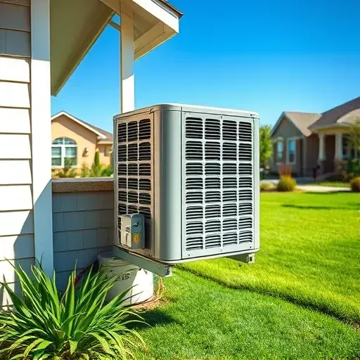 Freshly repaired outdoor air conditioning unit on a house wall in Burleson Texas with lush green grass and a sunny sky