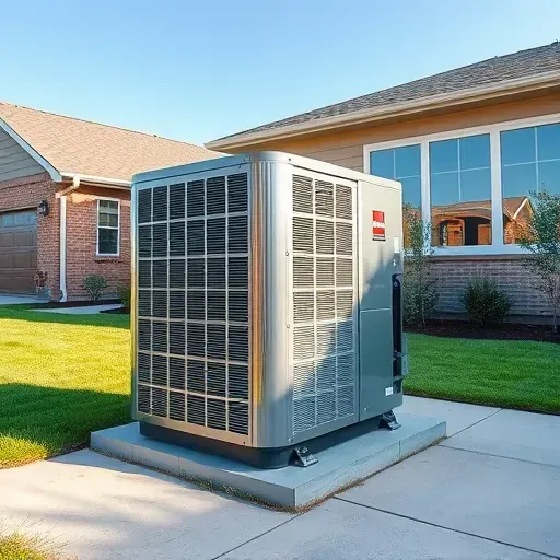 A modern air conditioning unit outdoors in Fort Worth TX, surrounded by a lush lawn and sleek patio by a suburban house.