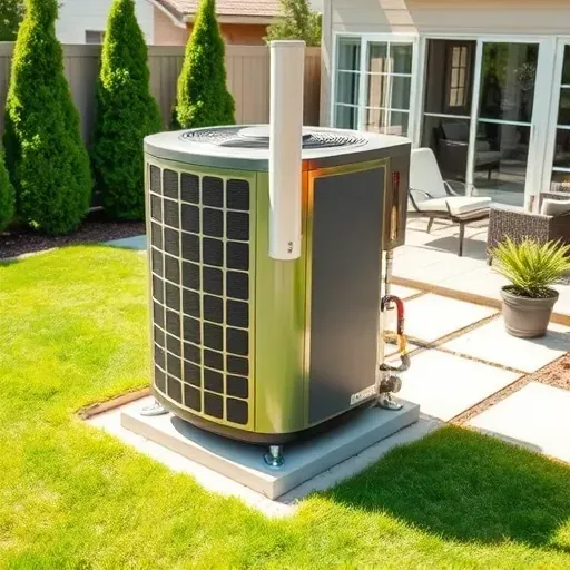 Completed outdoor air conditioning repair in North Richland Hills TX with modern unit, lush backyard, and stylish patio