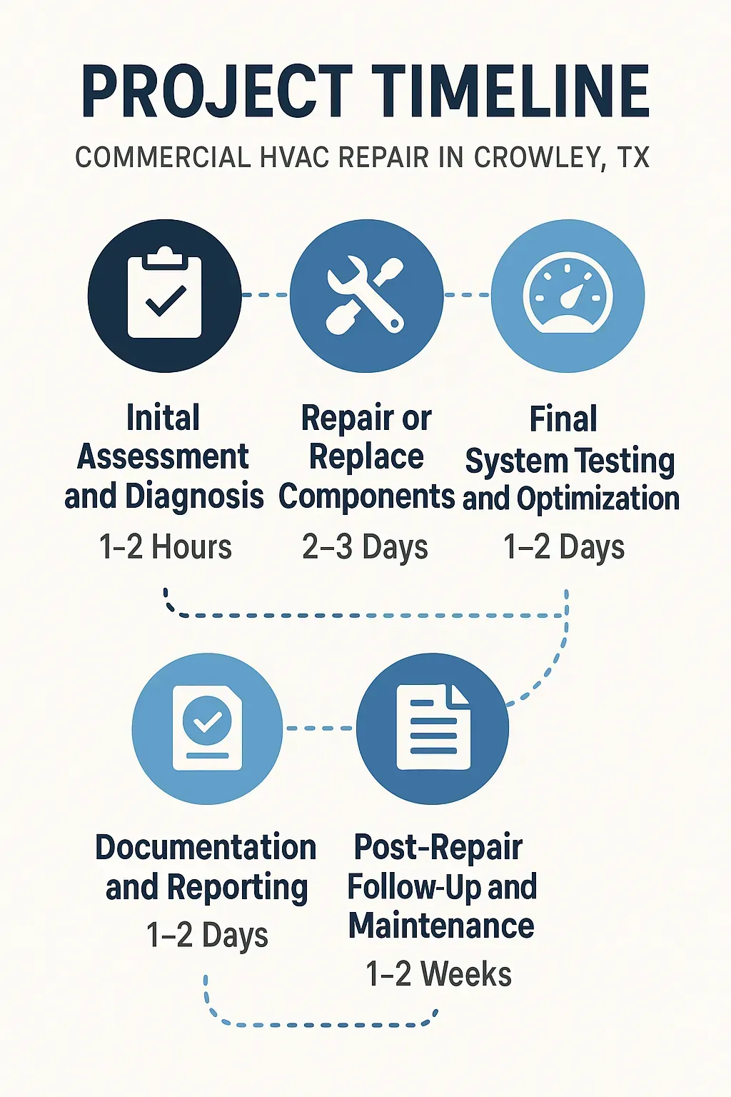 Infographic illustrating a five-step project timeline for commercial HVAC repair in Crowley TX with clear visuals.