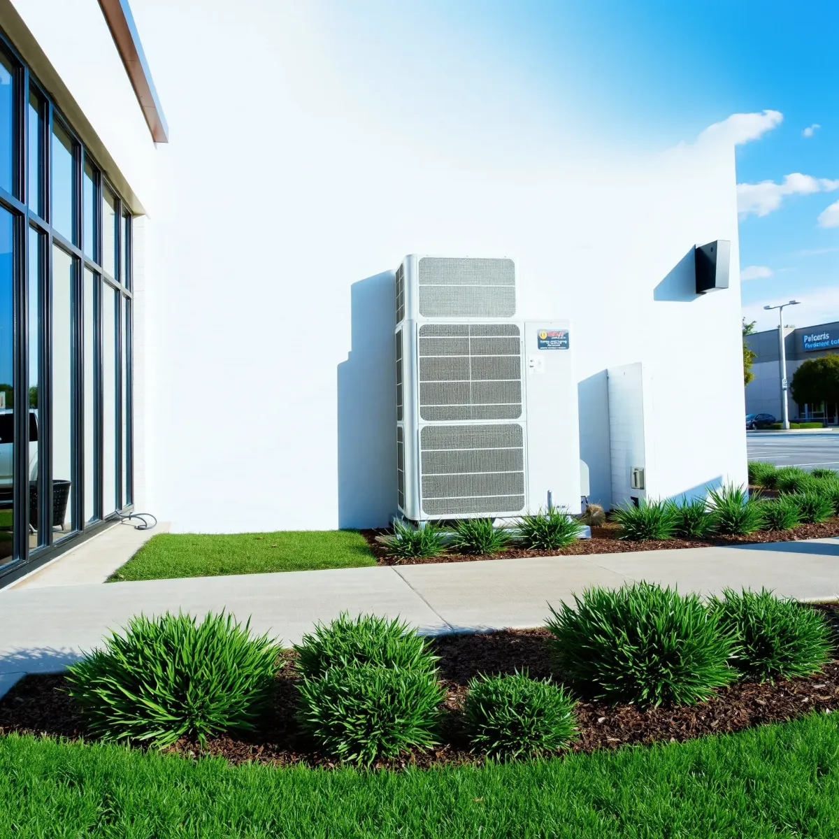 Outdoor HVAC repair scene in Richland Hills, TX with tools and building detail, sunlight highlights cooling system components.