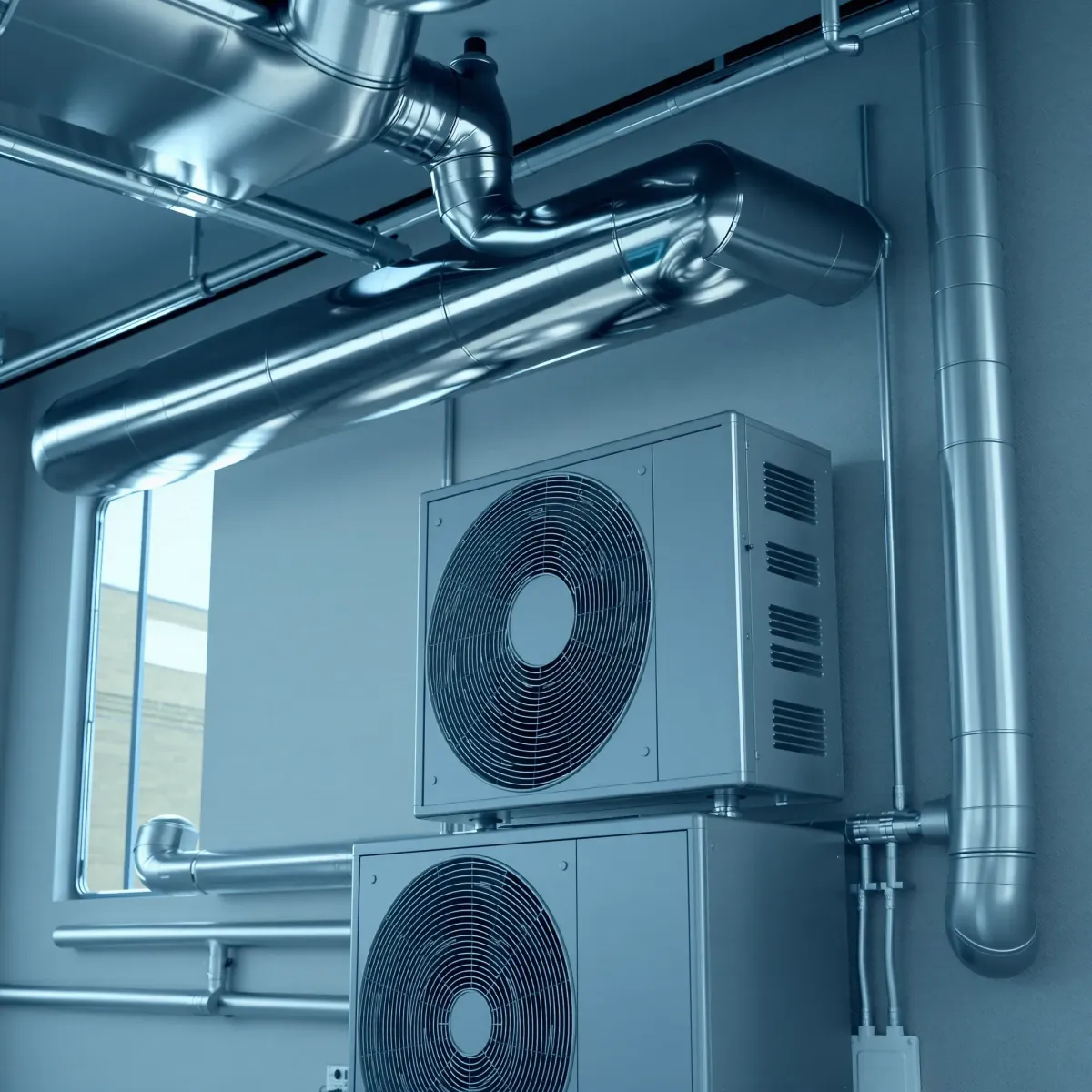 Installed modern HVAC system in Crowley, TX with sleek ductwork, durable components, and organized mechanical room.