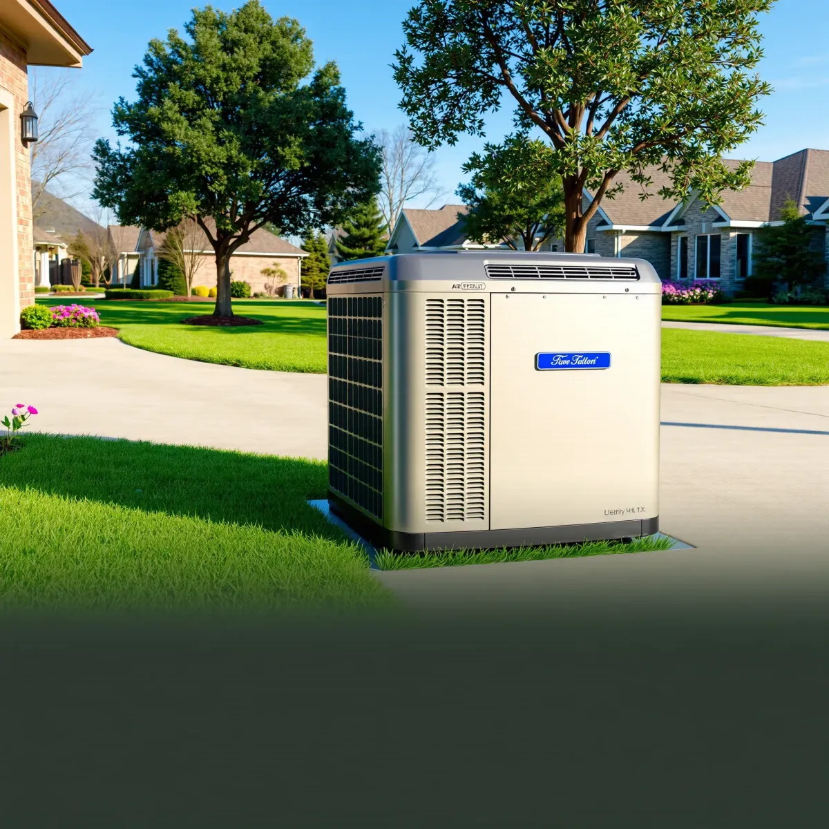 Modern AC installation outside a stylish Forest Hill home with landscaped yard and clear blue sky.