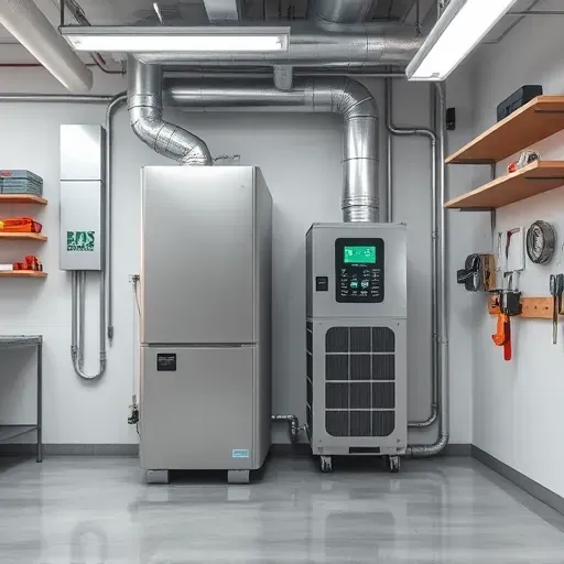 Modern HVAC system installation with sleek furnace and AC units in a clean utility room with digital controls and organized tools