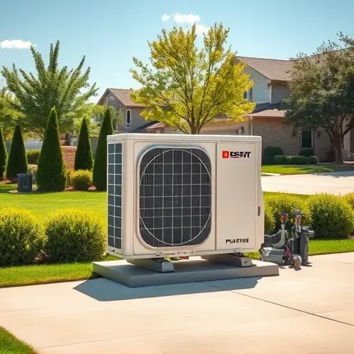 Outdoor modern air conditioning unit on landscaped patio, showcasing sleek design, lush greenery, and professional setting.