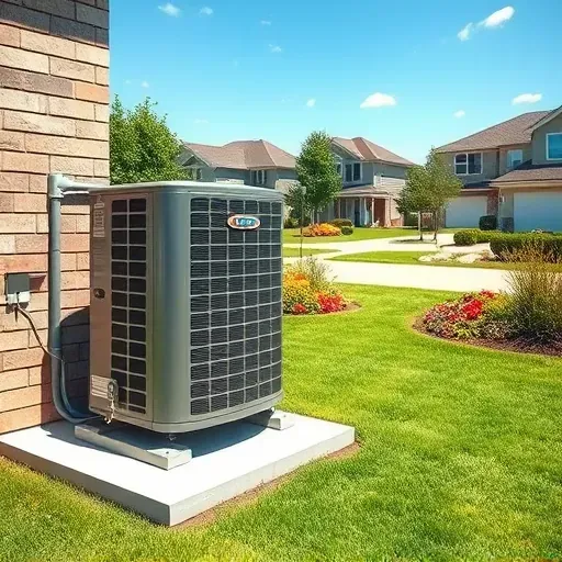 Pristine outdoor air conditioning unit on concrete pad in Richland Hills, TX, with manicured lawn and neighborhood background.