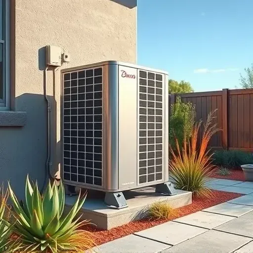 Modern air conditioning unit on concrete pad in Fort Worth home, surrounded by Texas plants and clear blue sky.
