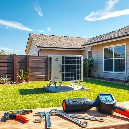 Freshly repaired air conditioning unit outside a modern home in Fort Worth TX with a clean yard and desert landscaping.