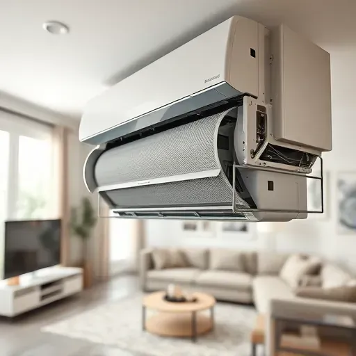 Close-up of a clean air conditioning unit interior in a modern home, with filters, components, and a cozy living room.
