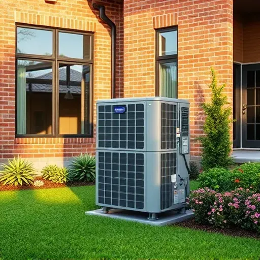 Modern HVAC system installed outside a brick home in River Oaks, TX, with landscaped yard and bright, sunny sky.