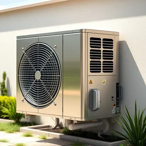 Modern outdoor air conditioning unit with sleek metallic finish, installed on a neutral wall with green landscaping in the background