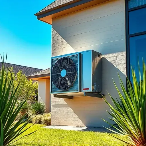 Modern HVAC unit on a stylish home in Lake Dallas TX, reflecting blue skies and surrounded by scenic native landscaping.