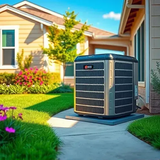 Modern outdoor air conditioning unit in a lush landscaped residential setting in Pecan Acres TX with a sleek design and clean installation