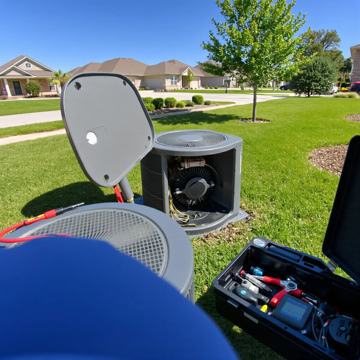 Outdoor modern air conditioning unit in Lake Dallas, TX, on a sunny summer day, surrounded by lush grass and well-kept surroundings.