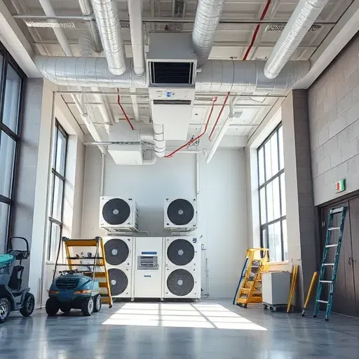 Completed HVAC system installation in a modern office with sleek units, integrated ductwork, and natural light.