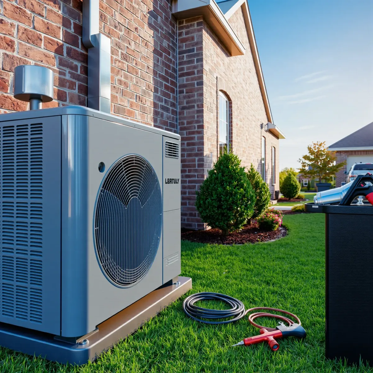 Modern outdoor air conditioning unit installed outside a contemporary Rendon, TX home with lush backyard.