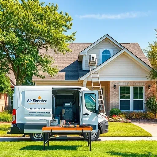 Professional AC repair van outside a well-kept home in Shady Shores, TX, with tools, ladder, and central AC in a peaceful neighborhood.