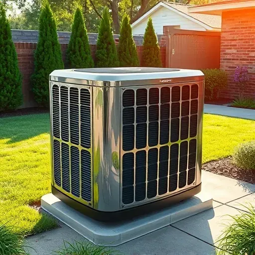 Outdoor modern AC unit in Haltom City, TX, surrounded by lush yard, reflecting sunlight, showcasing professional HVAC installation.