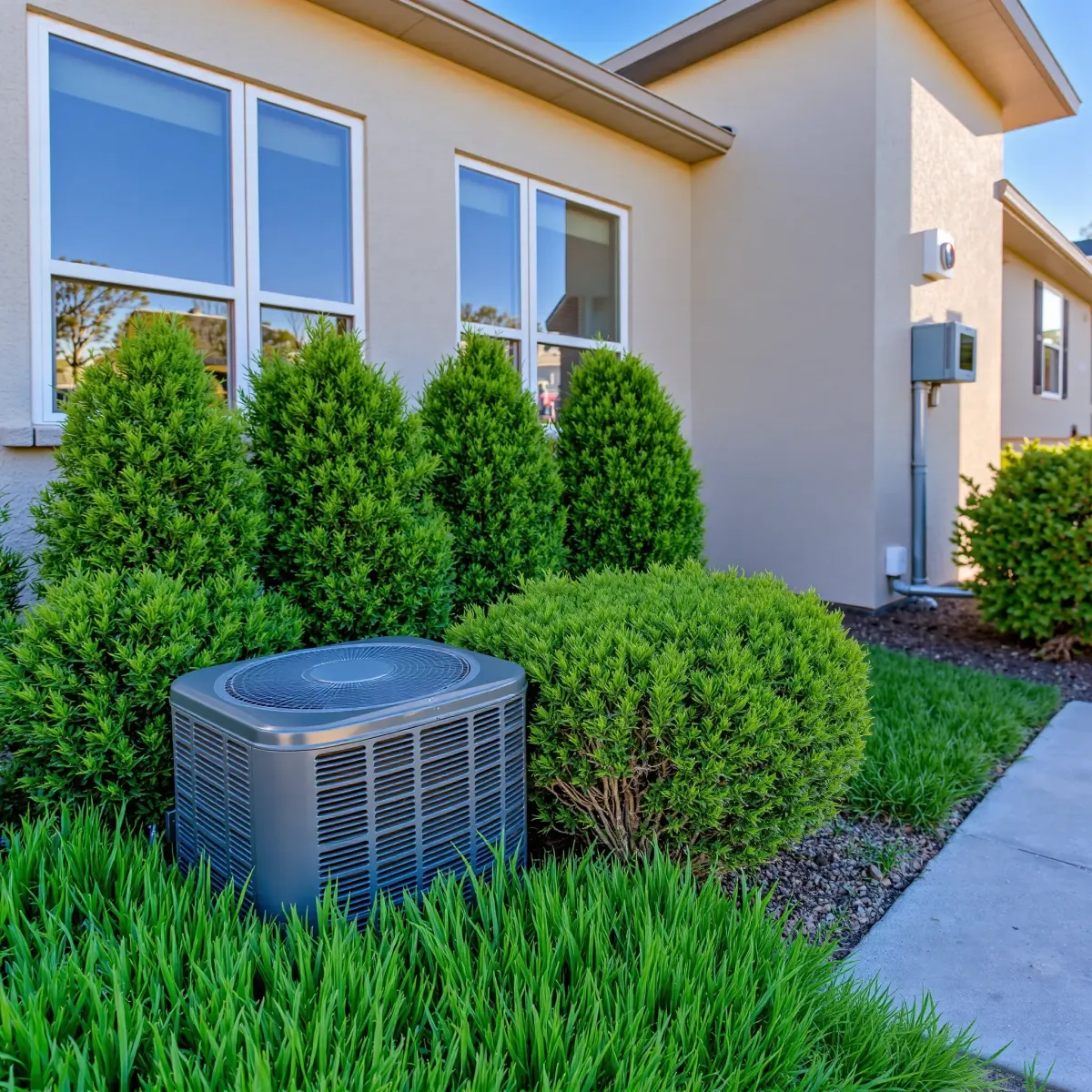 Outdoor commercial air conditioning unit on a modern building in Blue Mound, TX, with sleek design, vents, and lush landscaping.