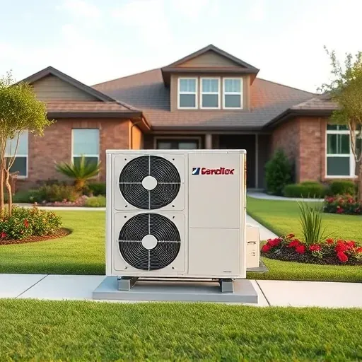 Completed HVAC system in Pecan Acres TX, seamlessly integrated into a modern home with manicured lawns and vibrant flowers.