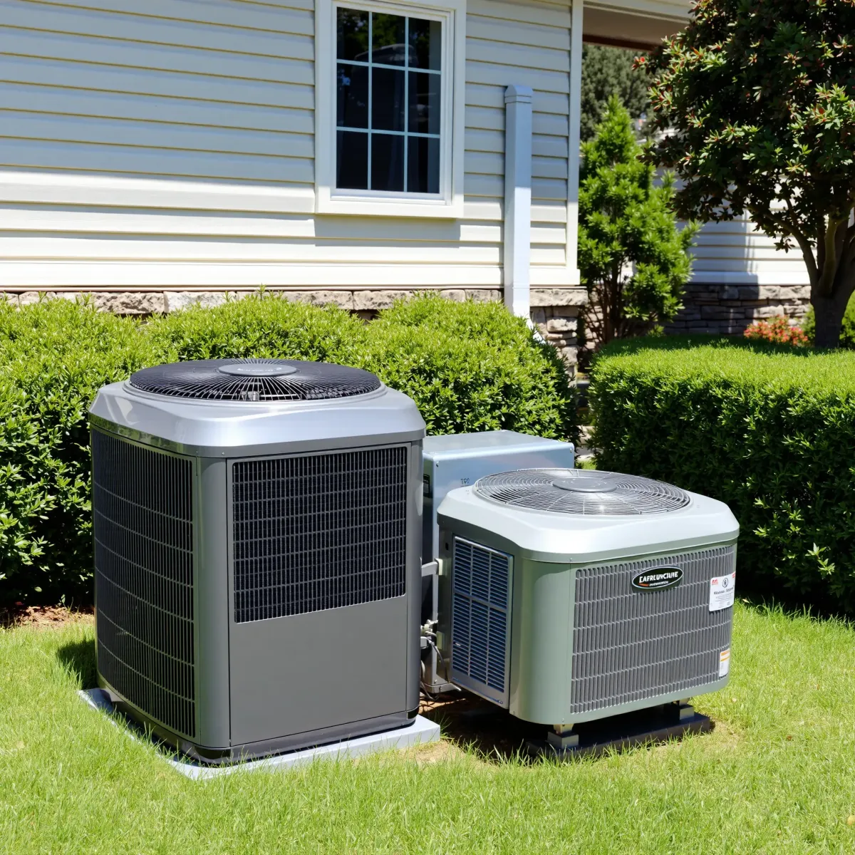 Modern outdoor HVAC unit in Lakeside, TX, amid green landscape, reflecting sunlight; showcasing reliable climate control.