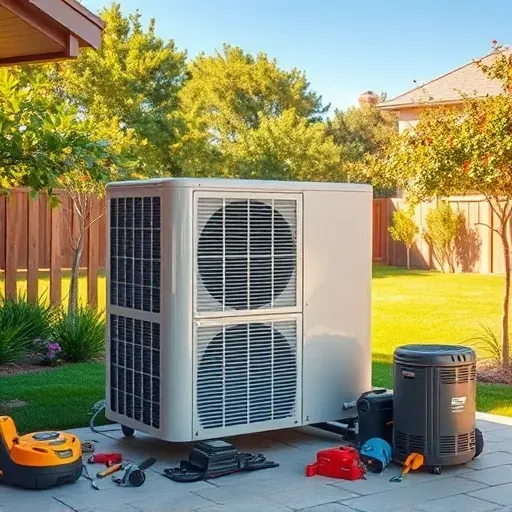 Freshly serviced air conditioning system in a modern Rendon, TX home, with organized tools, green backyard, and bright sunlight.