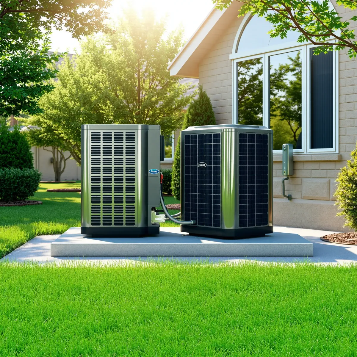 Outdoor sleek air conditioning unit on a clean building in Everman, TX, surrounded by green grass and sunny sky.