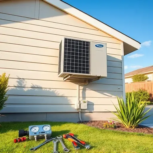 Repaired outdoor air conditioning unit in Springtown, TX, with polished metal surfaces, lush backyard, and blue sky backdrop.