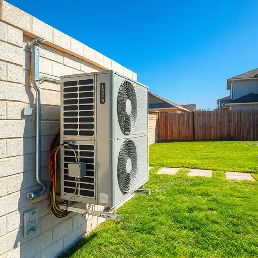 Well-maintained outdoor HVAC unit with metallic components and detailed wiring on a tidy suburban wall under clear blue sky
