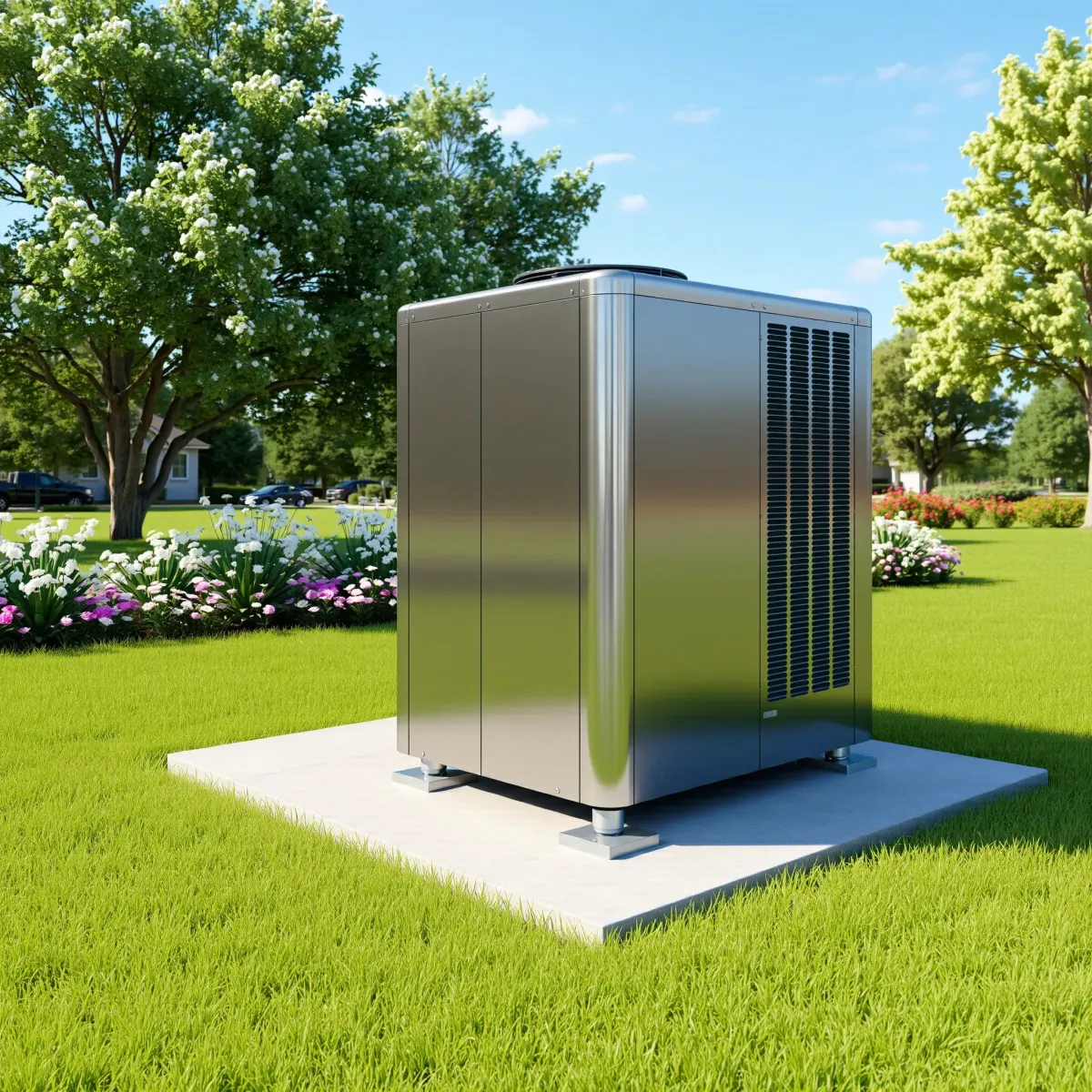 Modern outdoor HVAC system installed on a concrete pad in Pecan Acres, TX, with a suburban house and lush lawn.