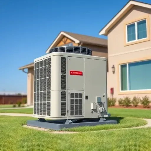 New outdoor air conditioning unit installed in Blue Mound, TX with sleek design, landscaping, and modern home background.
