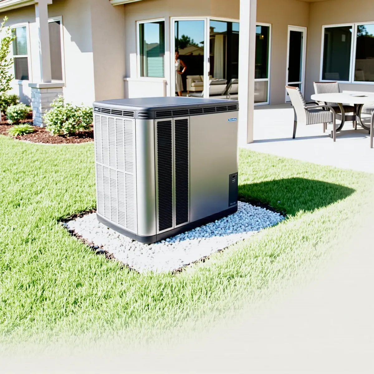 Perfectly installed high-efficiency HVAC system in a Willow Park backyard with landscaped greenery and suburban charm.