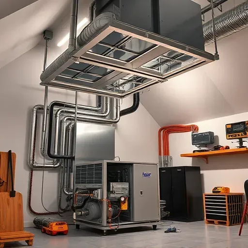 Completed HVAC system in Haltom City TX with sleek metal ducts, organized wiring, in a clean utility room. No humans present.