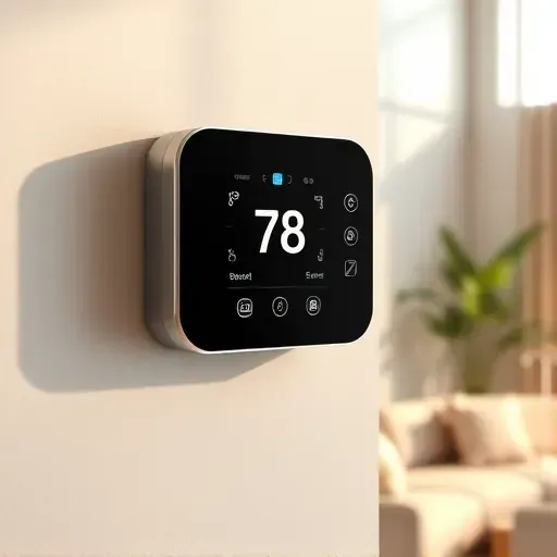 Modern sleek digital thermostat on neutral wall in contemporary living or office space with natural light and minimal decor