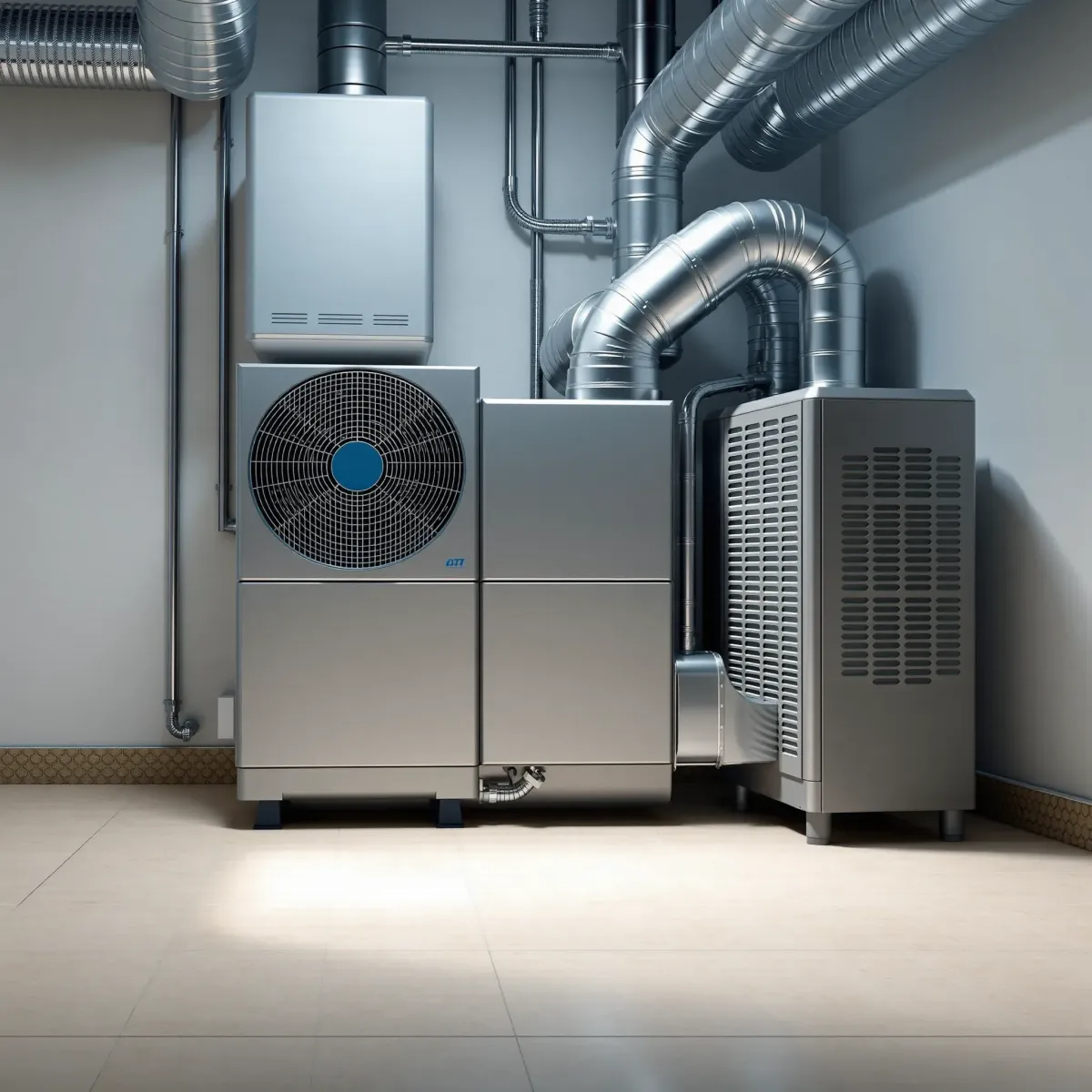 Modern, clean HVAC system with sleek air conditioner and furnace in a well-lit, organized utility room.