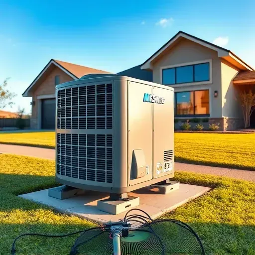 Modern outdoor air conditioning unit installed in front of a contemporary home in Haslet TX with landscaped yard and sunny sky
