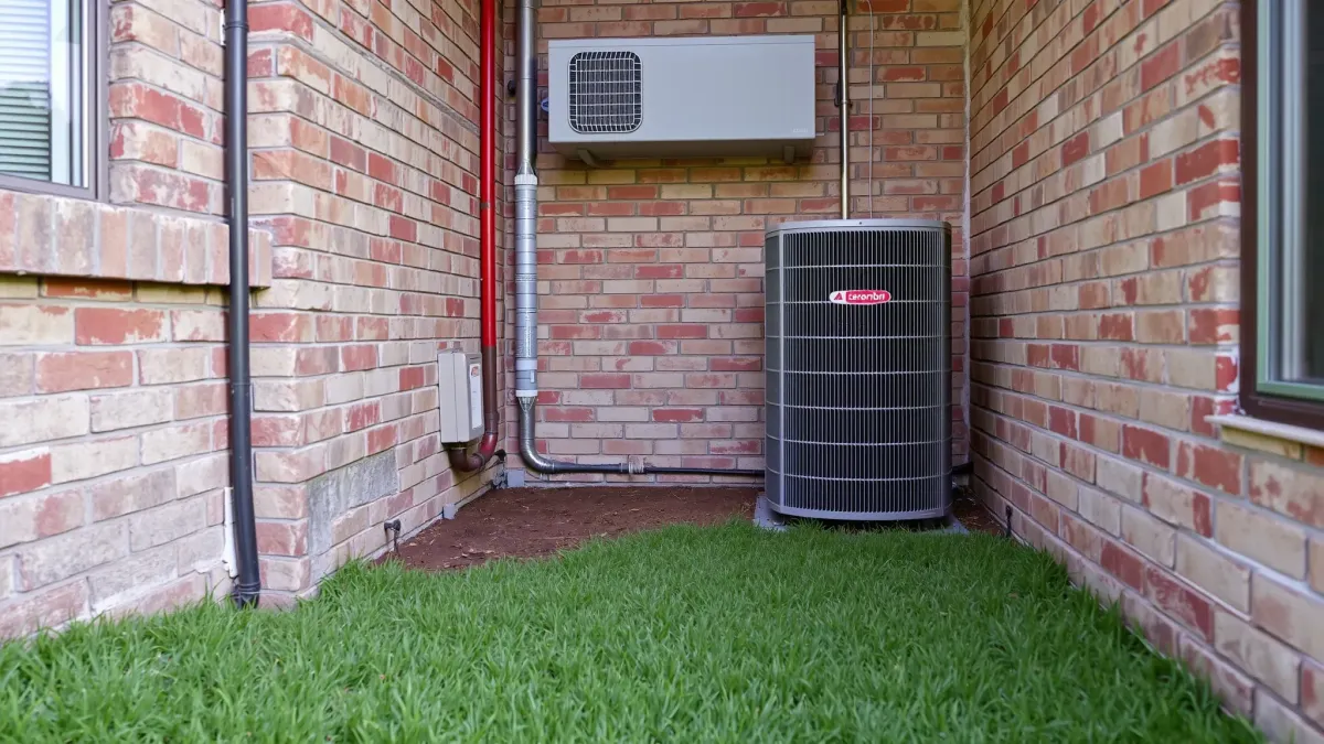 Freshly repaired HVAC system installed in a clean utility closet of a modern home in Benbrook, TX, with natural daylight.