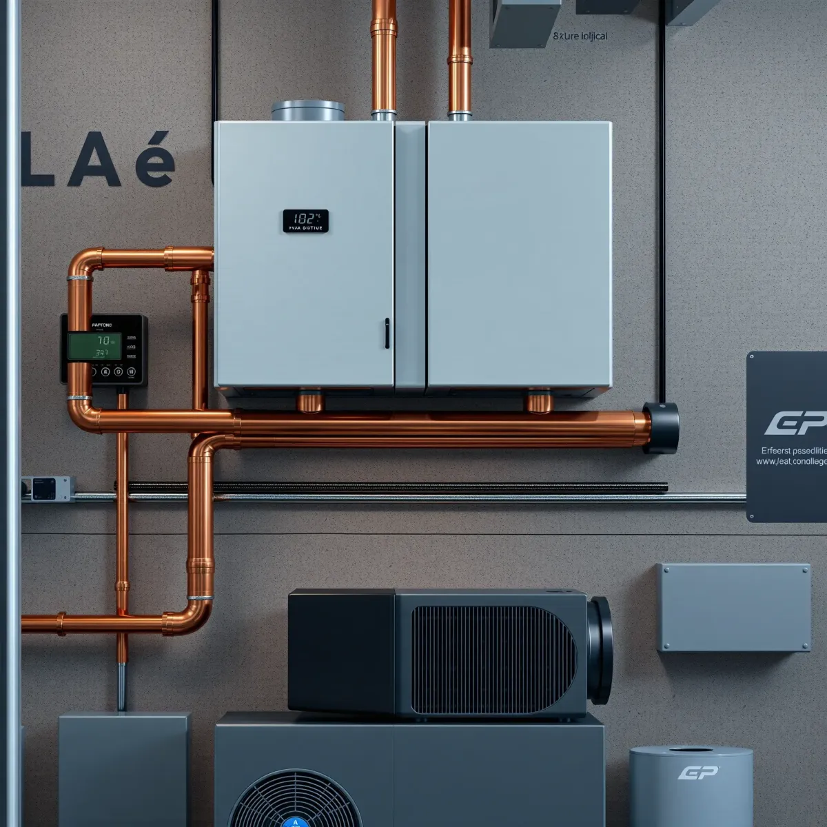 Modern mechanical room with polished copper pipes, digital controls, organized HVAC components, and textured concrete wall.