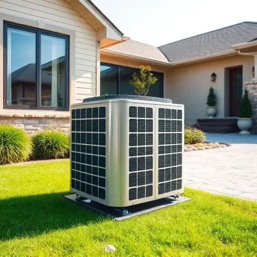 Modern outdoor residential air conditioning unit installed in a lush, well-maintained yard with a contemporary house and clear sky.