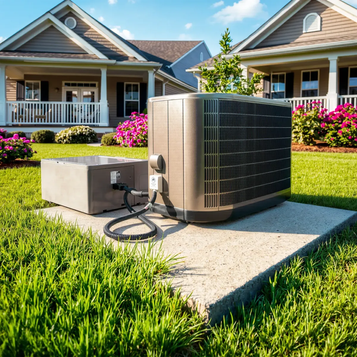 Freshly installed outdoor air conditioning unit on a concrete pad in Weatherford, TX, with lush greenery and a peaceful suburban background.