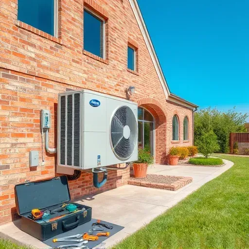 Professional HVAC repair scene in Hudson Oaks TX with a clean outdoor unit, organized tools, lush landscaping and bright setting
