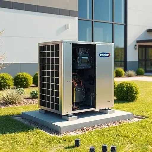 Outdoor high-efficiency HVAC unit on a concrete pad in White Settlement, TX, with landscaped surroundings and modern building.