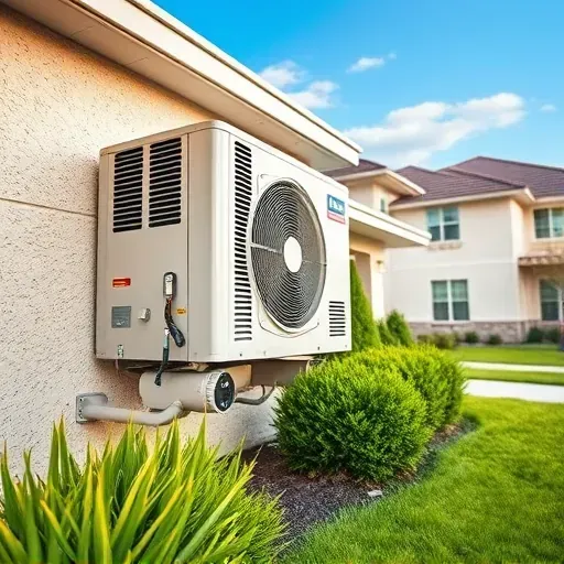 Pristine outdoor air conditioning unit installed on a modern house with lush lawn and landscaped shrubbery in Annetta TX