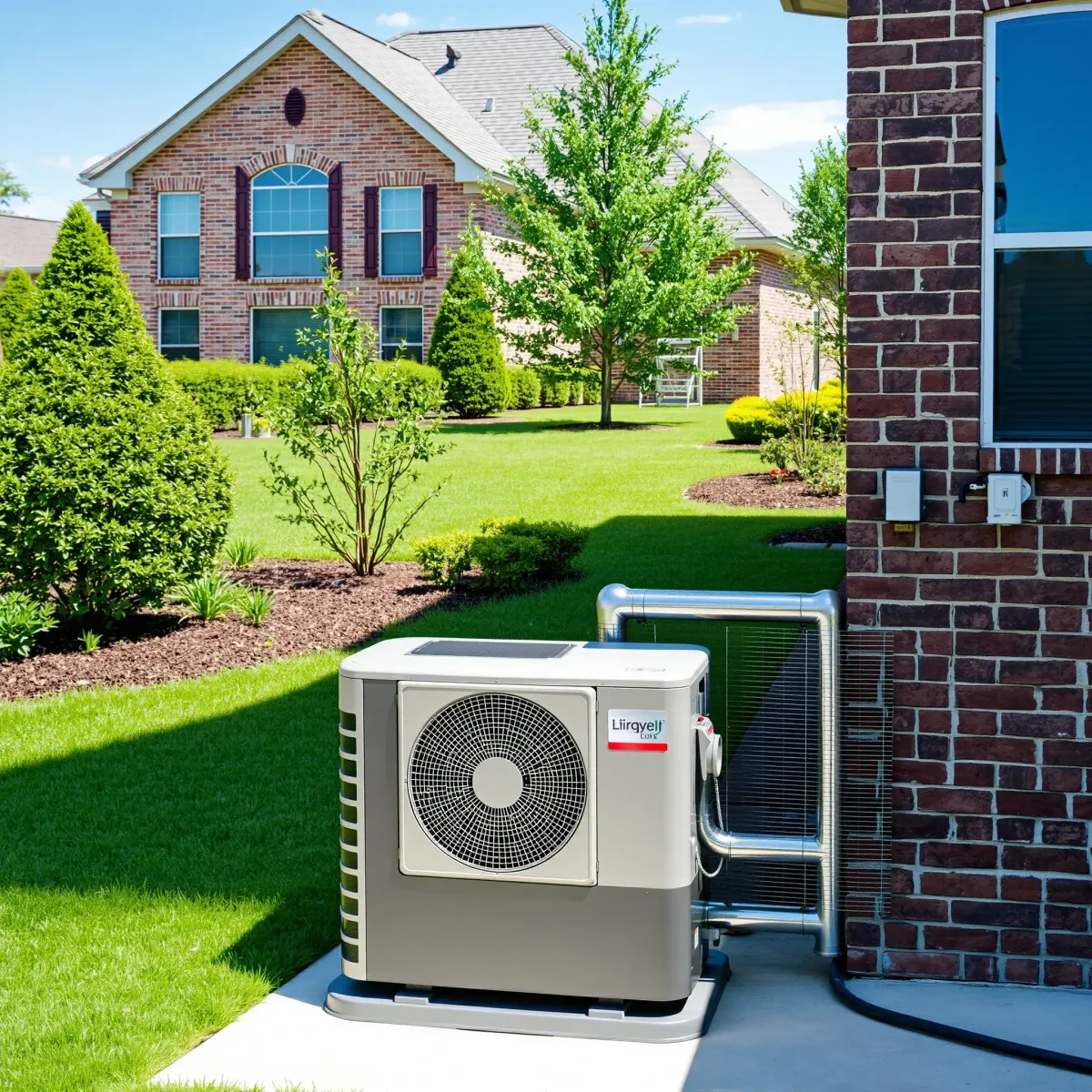 HVAC system installed outside a brick house in Crowley, TX with landscaped yard, lush grass, trees, and clear blue sky.