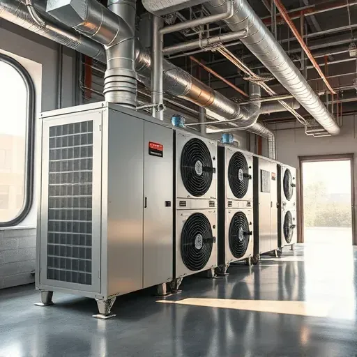 Modern industrial mechanical room with high-efficiency HVAC units, ductwork, control panels, polished concrete floors, and natural light.